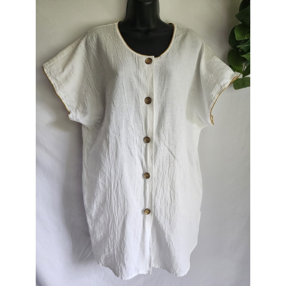 VINTAGE‎ WEAR ABOUTS Gold TRIM WHITE TUNIC TOP SIZE Medium